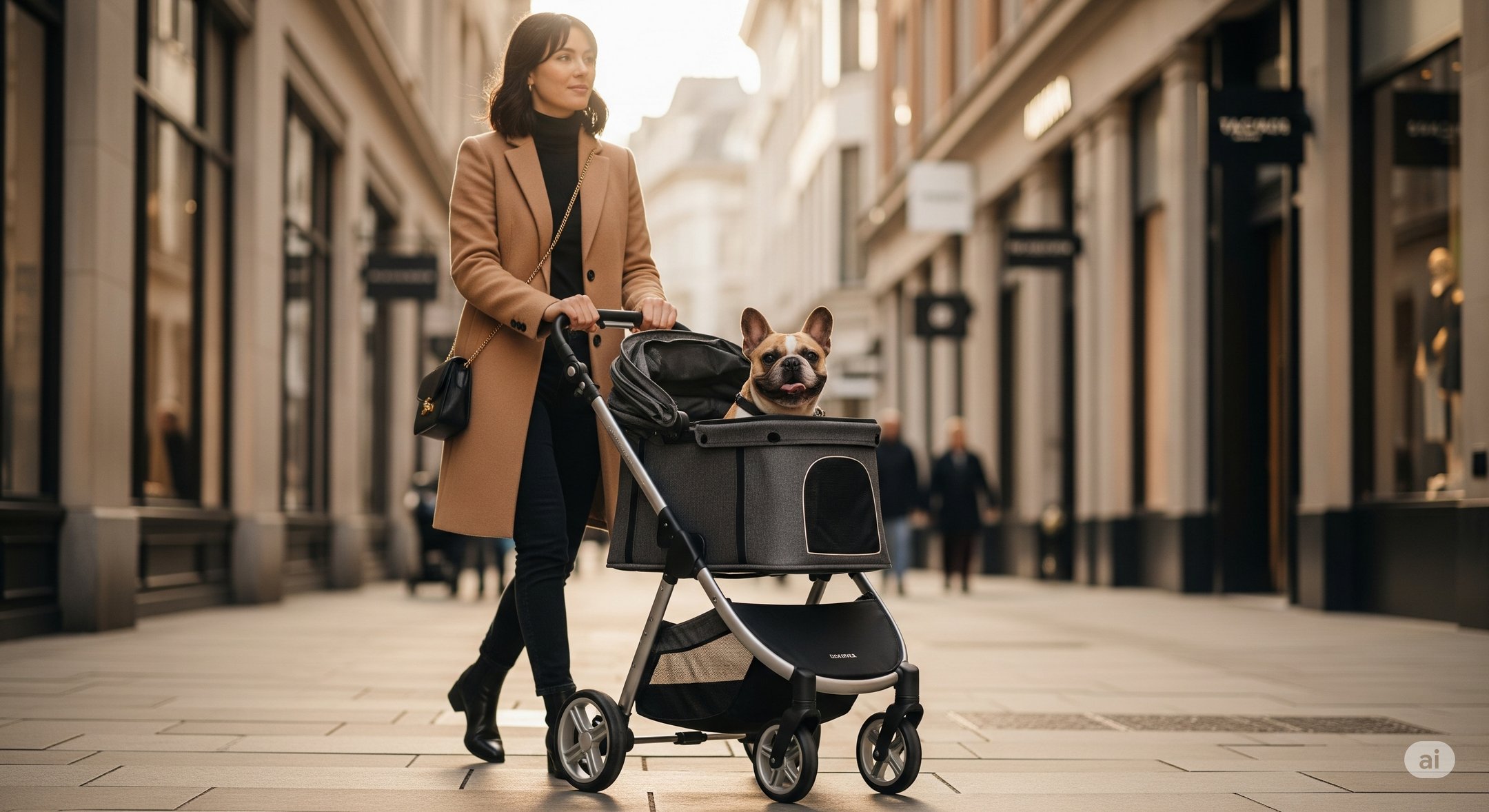 A person using a pet stroller on a stylish city street.