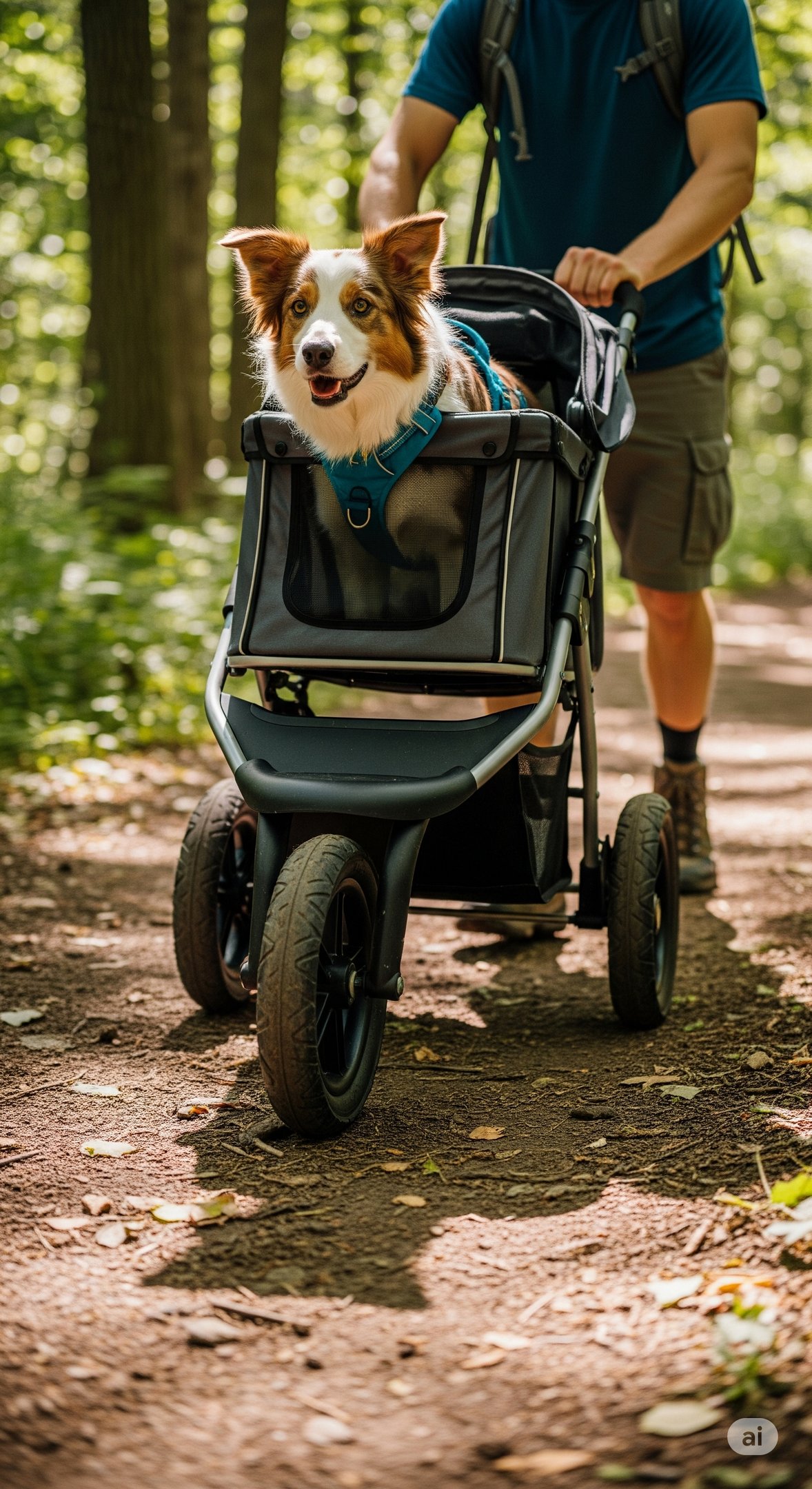 A rugged pet stroller on a scenic hiking trail.
