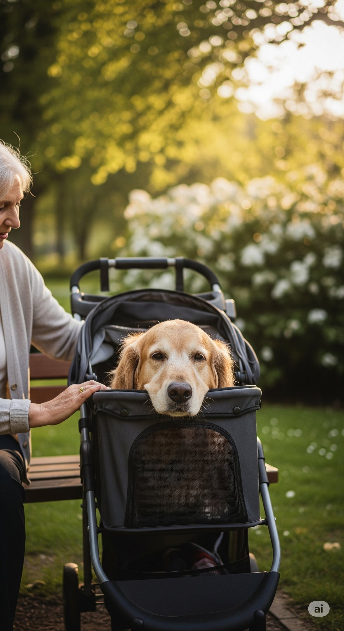 An elderly dog resting comfortably in a pet stroller in a park.