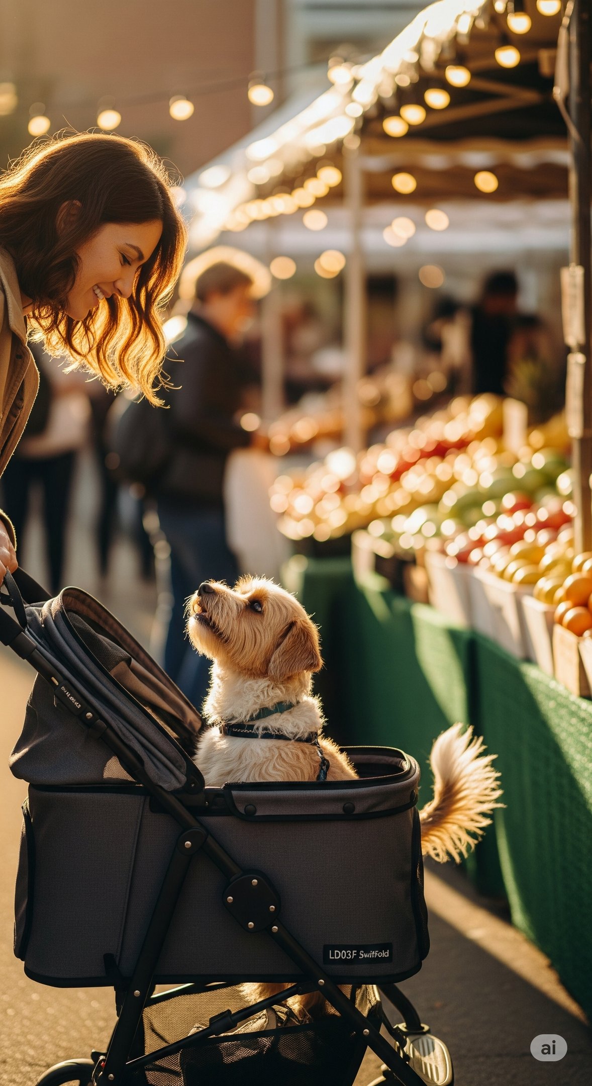 A pet in a stroller at a pet-friendly farmer's market.
