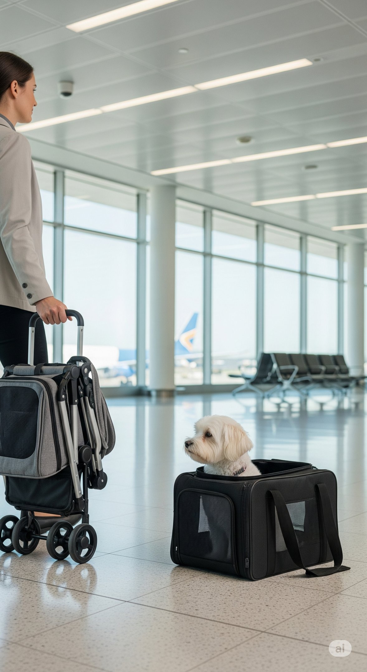 A pet stroller in an airport terminal.