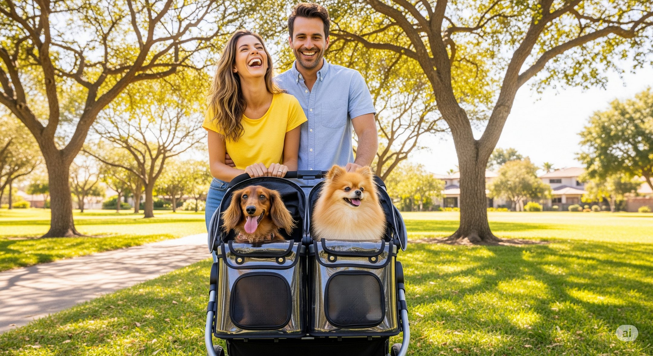 Two small dogs happily sitting in a dual-compartment pet stroller.